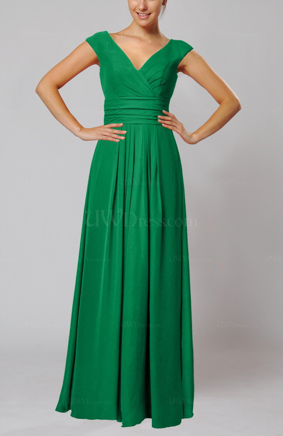 Green Simple V Neck Sleeveless Floor Length Ruching Evening Dresses