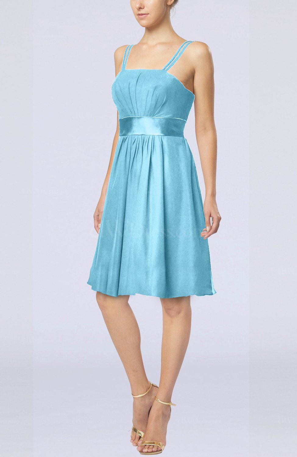 Light Blue Plain A line Spaghetti Chiffon Mini Sash Wedding Guest Dresses UWDress