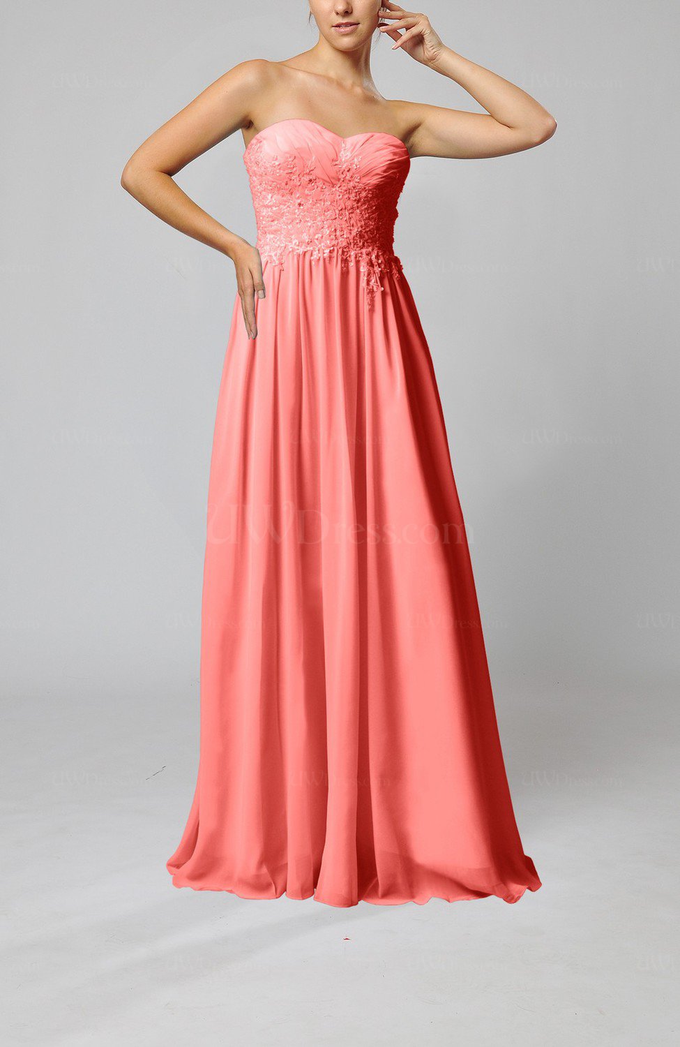 Coral Elegant Sleeveless Zip Up Chiffon Pleated Wedding Guest Dresses UWDress