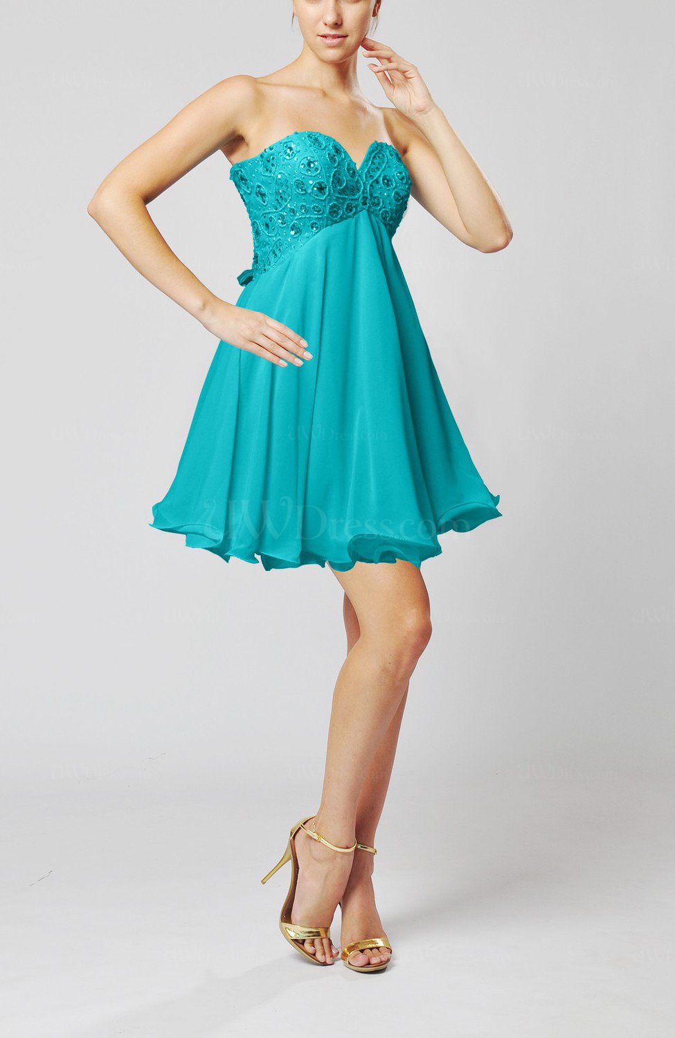 Teal Sexy Sweetheart Sleeveless Backless Chiffon Mini Wedding Guest Dresses UWDress