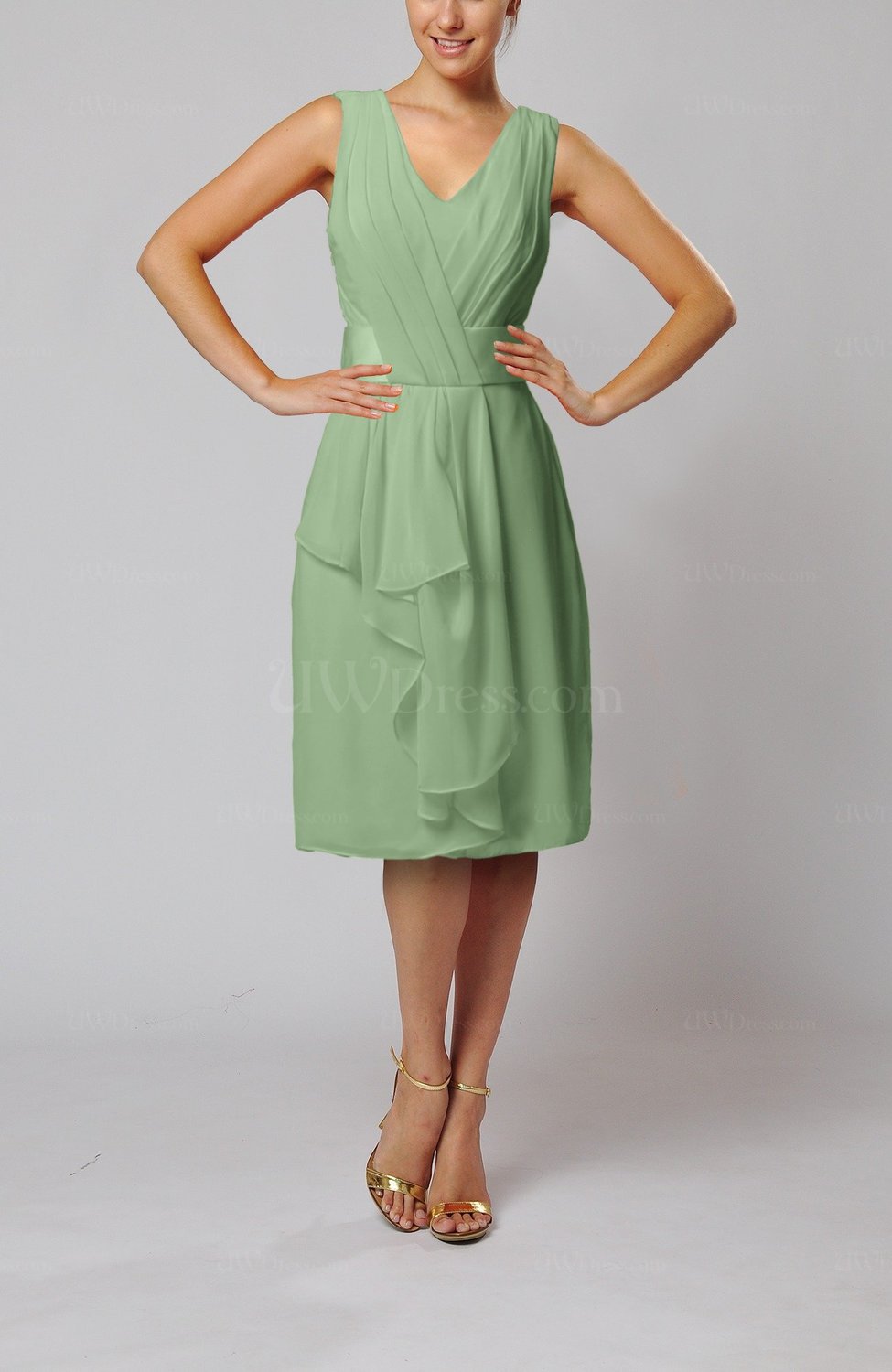 Sage Green Romantic Column V neck Chiffon Ribbon Wedding Guest Dresses UWDress