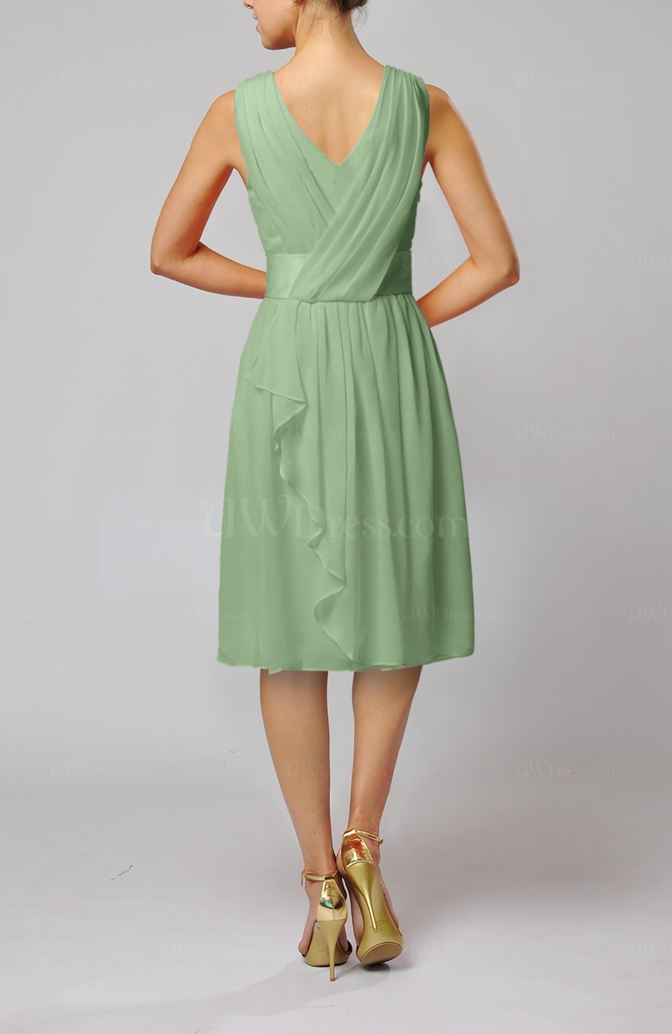 Sage Green Romantic Column V neck Chiffon Ribbon Wedding Guest Dresses UWDress