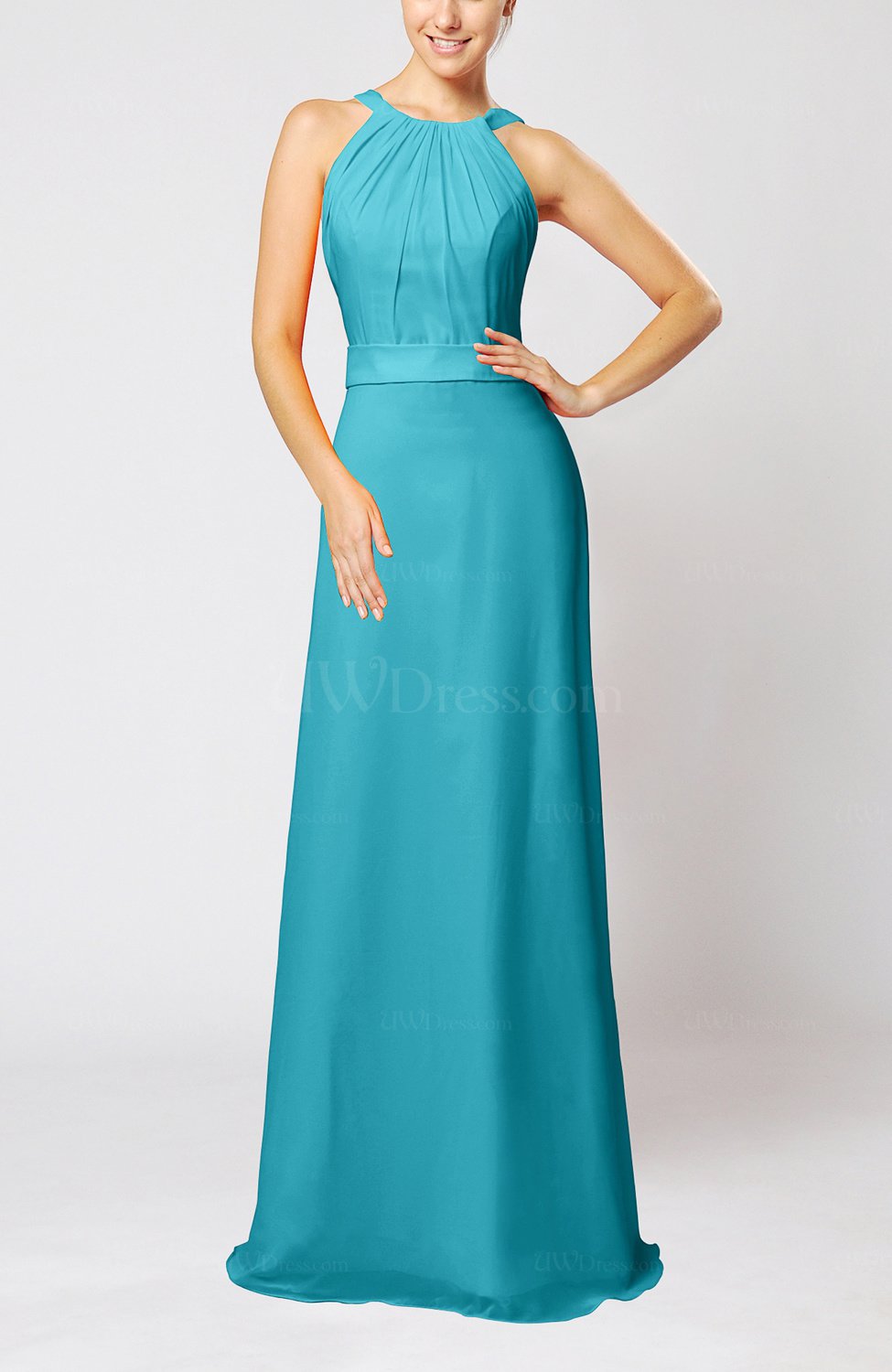 Teal Elegant Column Sleeveless Zip Up Pleated Evening Dresses 4214