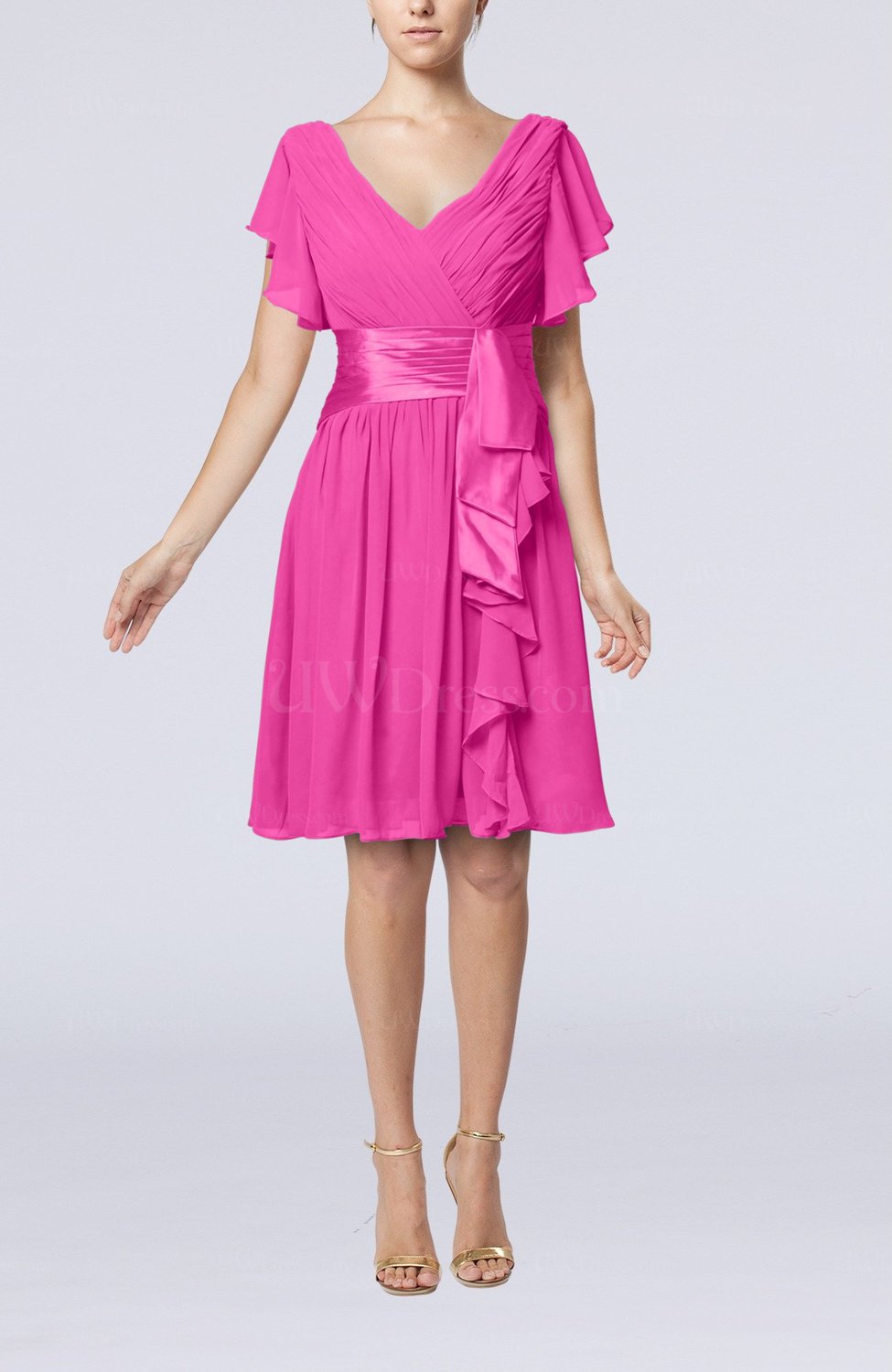 Hot Pink Romantic Short Sleeve Zip Up Knee Length Sash Wedding Guest Dresses UWDress