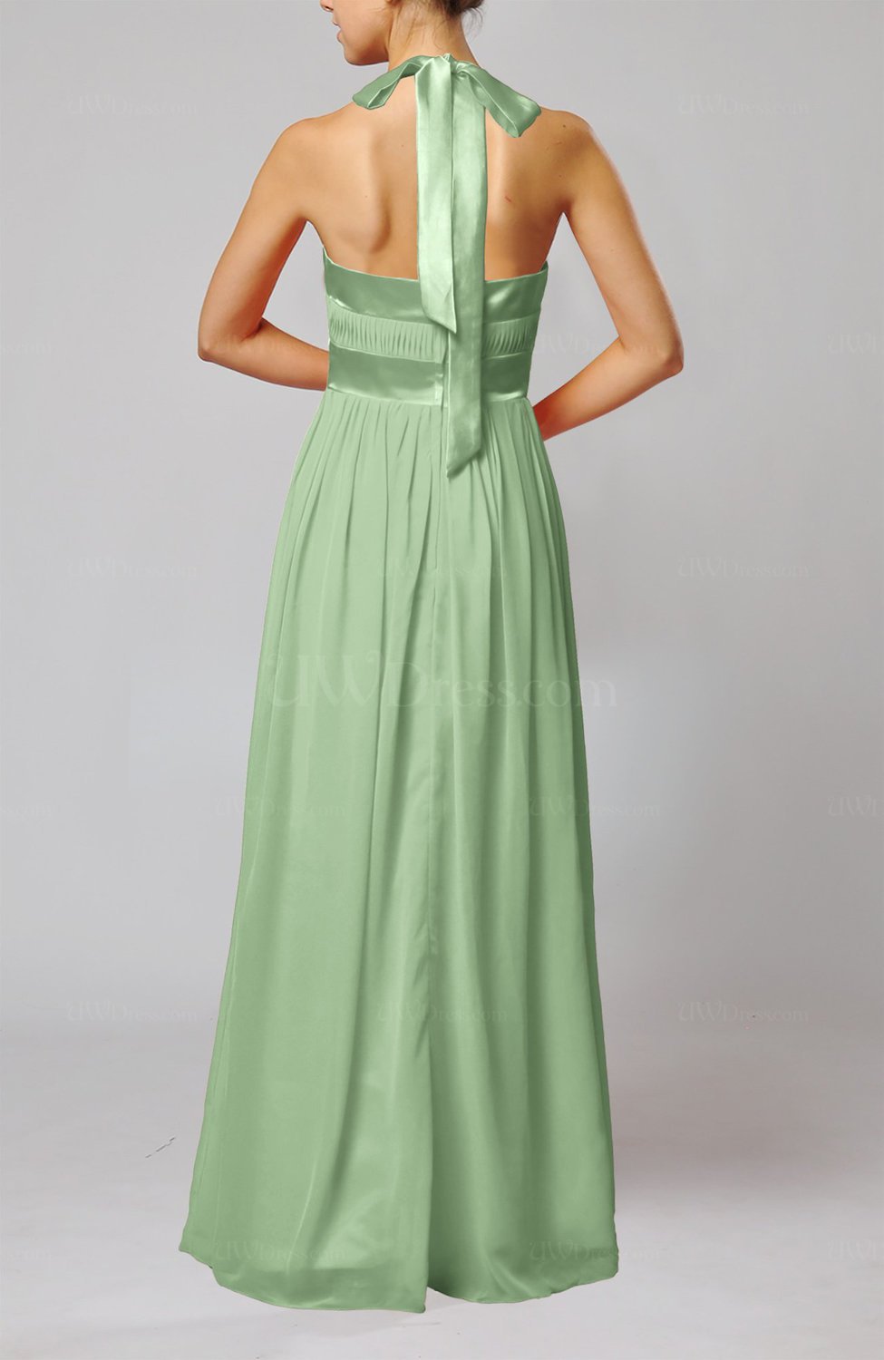 Sage Green Elegant A line Sleeveless Chiffon Floor Length Ribbon Wedding Guest Dresses UWDress