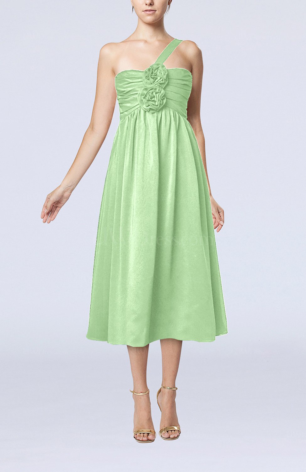 Sage Green Casual One Shoulder Sleeveless Chiffon Pleated Wedding Guest Dresses UWDress