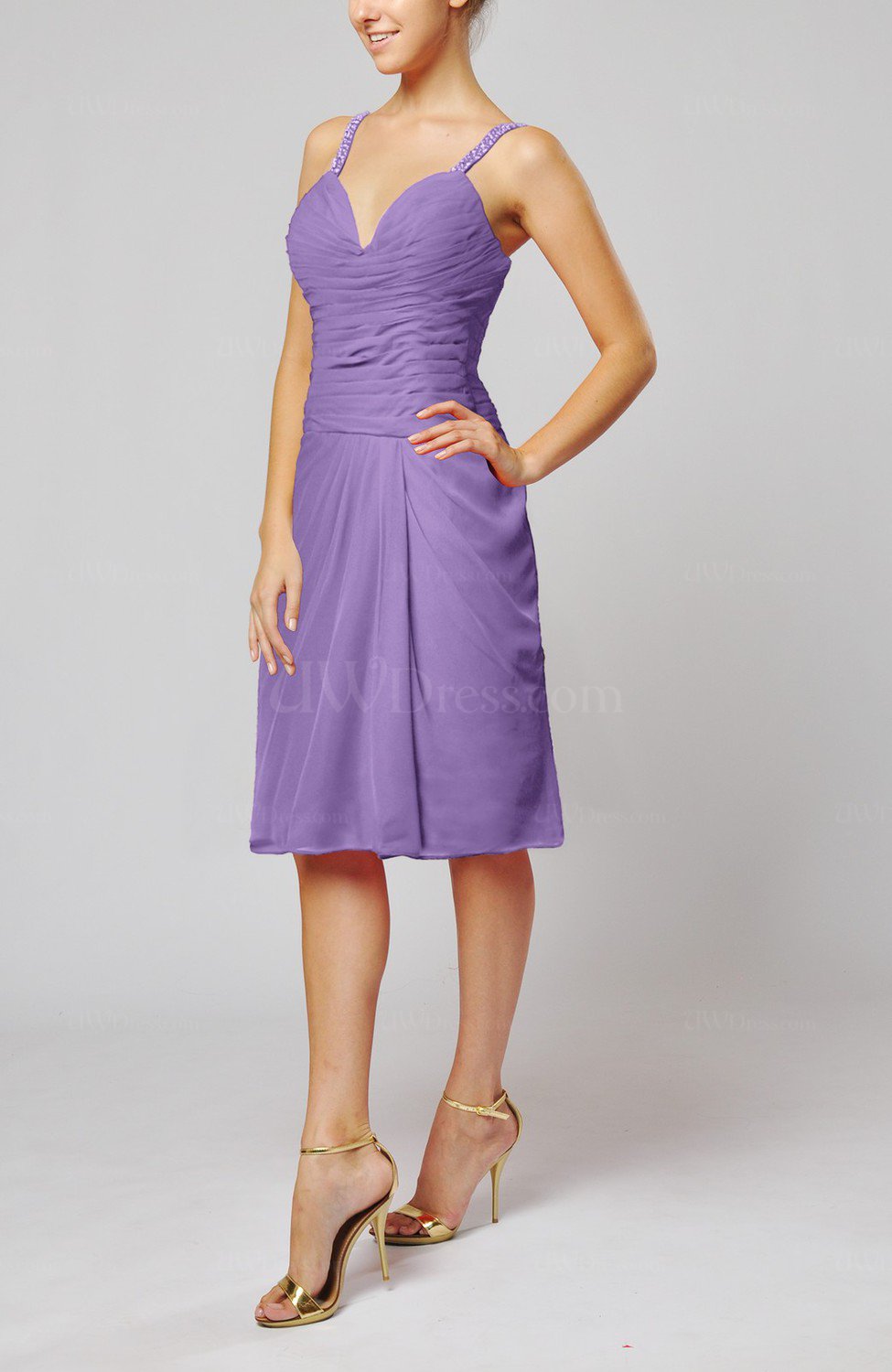 Lilac Plain Sleeveless Backless Chiffon Ruching Wedding Guest Dresses UWDress