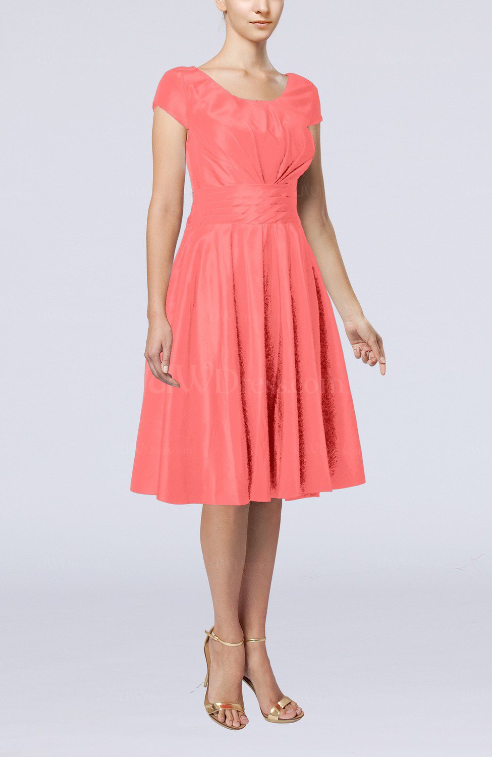 Coral Simple A line Scoop Short Sleeve Taffeta Knee Length Wedding 