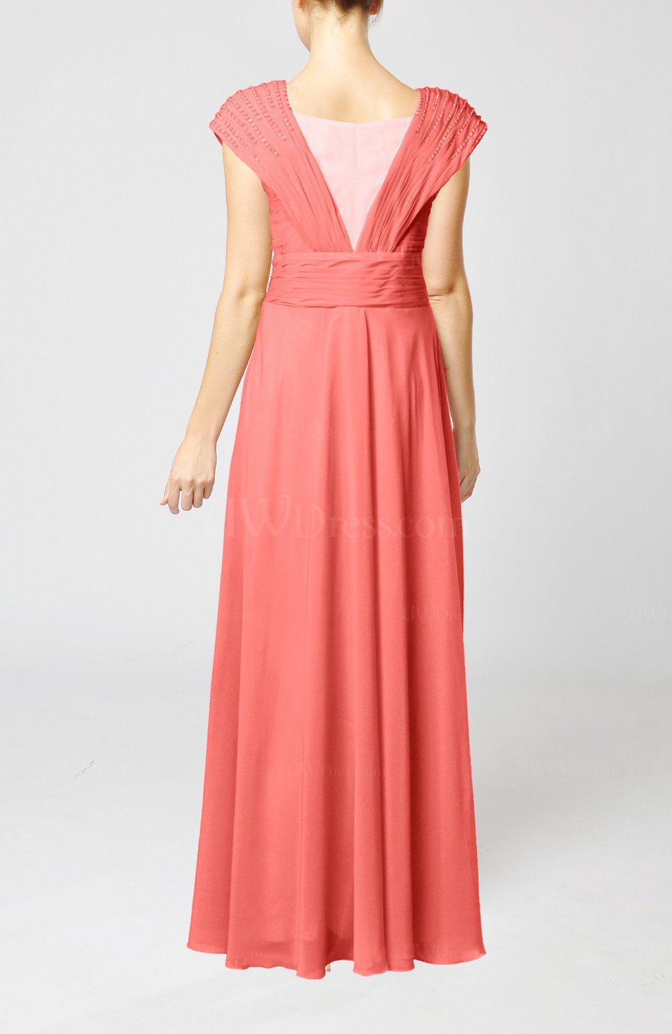 Coral Elegant Sheath Sleeveless Chiffon Pleated Mother Of The Bride Dresses UWDress