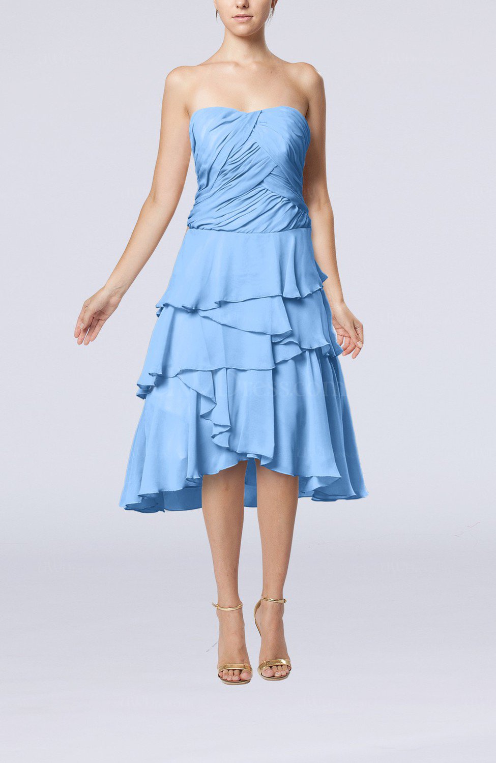 Light Blue Romantic A line Sleeveless Backless Chiffon Ruching Wedding Guest Dresses UWDress