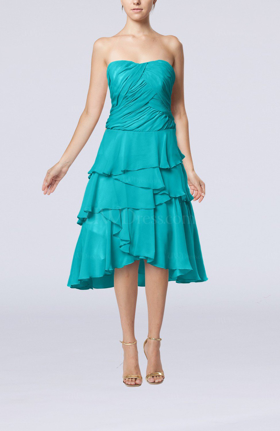 Teal Romantic A line Sleeveless Backless Chiffon Ruching Wedding Guest Dresses UWDress