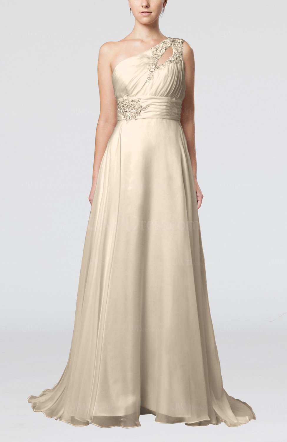 Cream Romantic Asymmetric Neckline Sleeveless Chiffon Beaded Prom