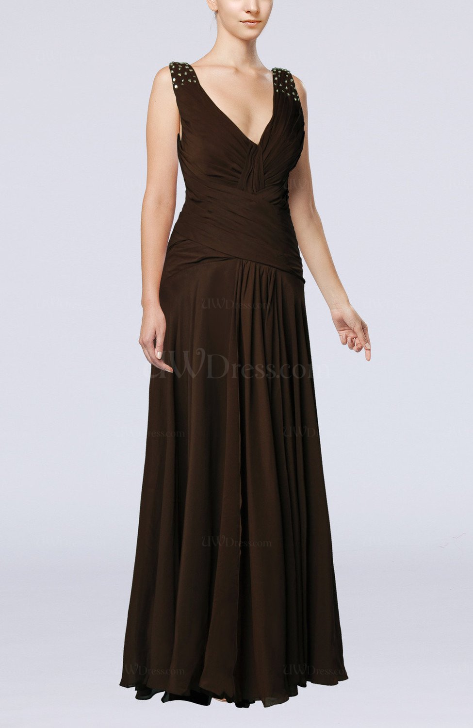 Chocolate Brown Mature Sheath V Neck Sleeveless Chiffon Floor Length