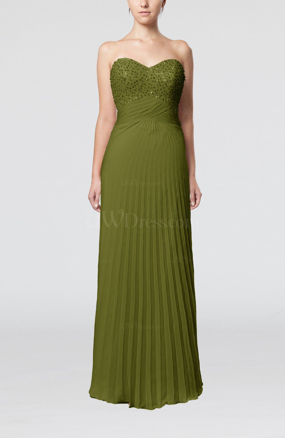 Olive Green Elegant Column Sweetheart Sleeveless Backless Floor Length Wedding Guest Dresses