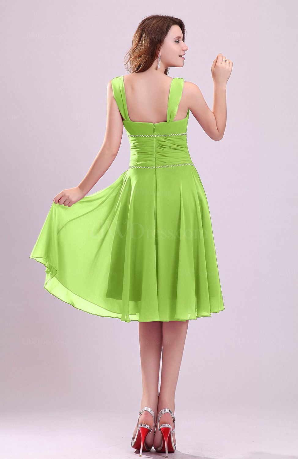Bright Green Cute Aline Sleeveless Chiffon Knee Length Ruching