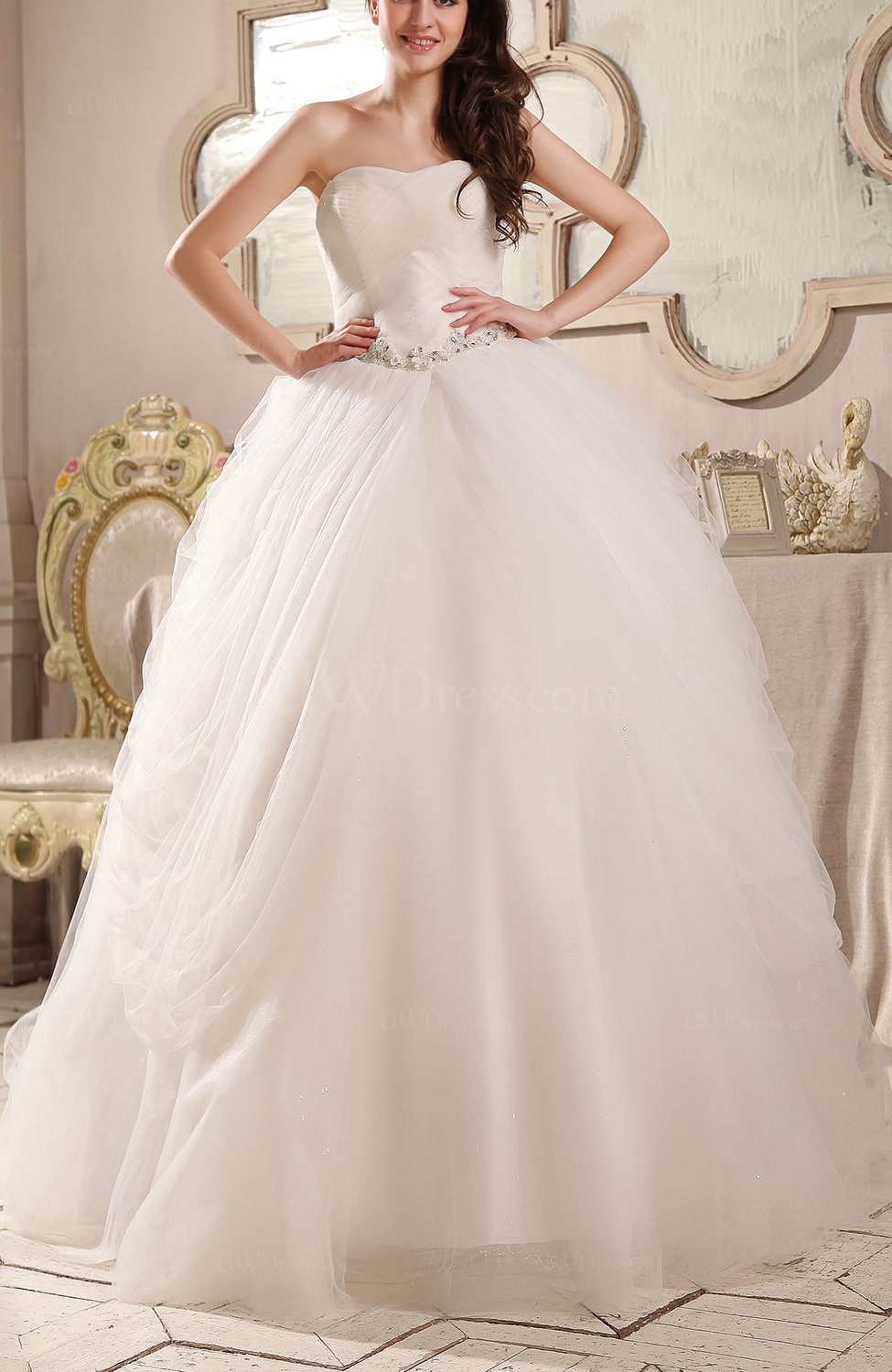 Romantic Hall Strapless Backless Chapel Train Rhinestone Bridal Gowns UWDress