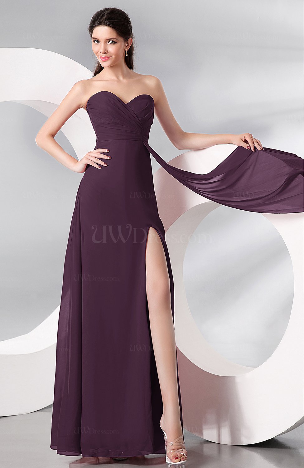 Plum Plain Sleeveless Zip Up Chiffon Floor Length Prom Dresses