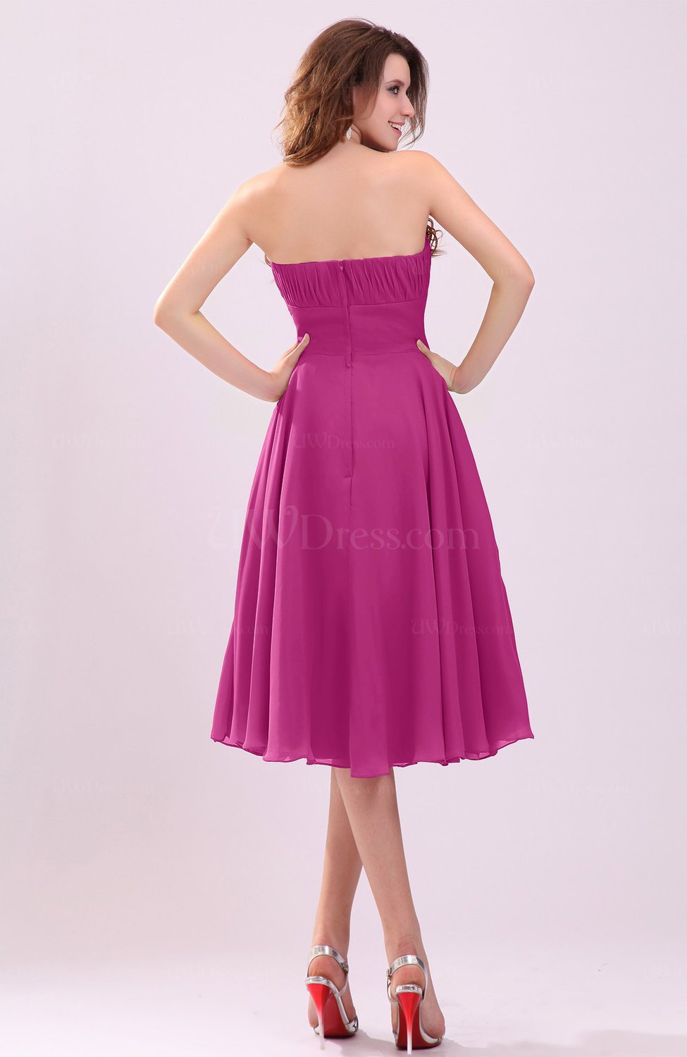 Hot Pink Simple A-line Sleeveless Backless Pleated Wedding Guest