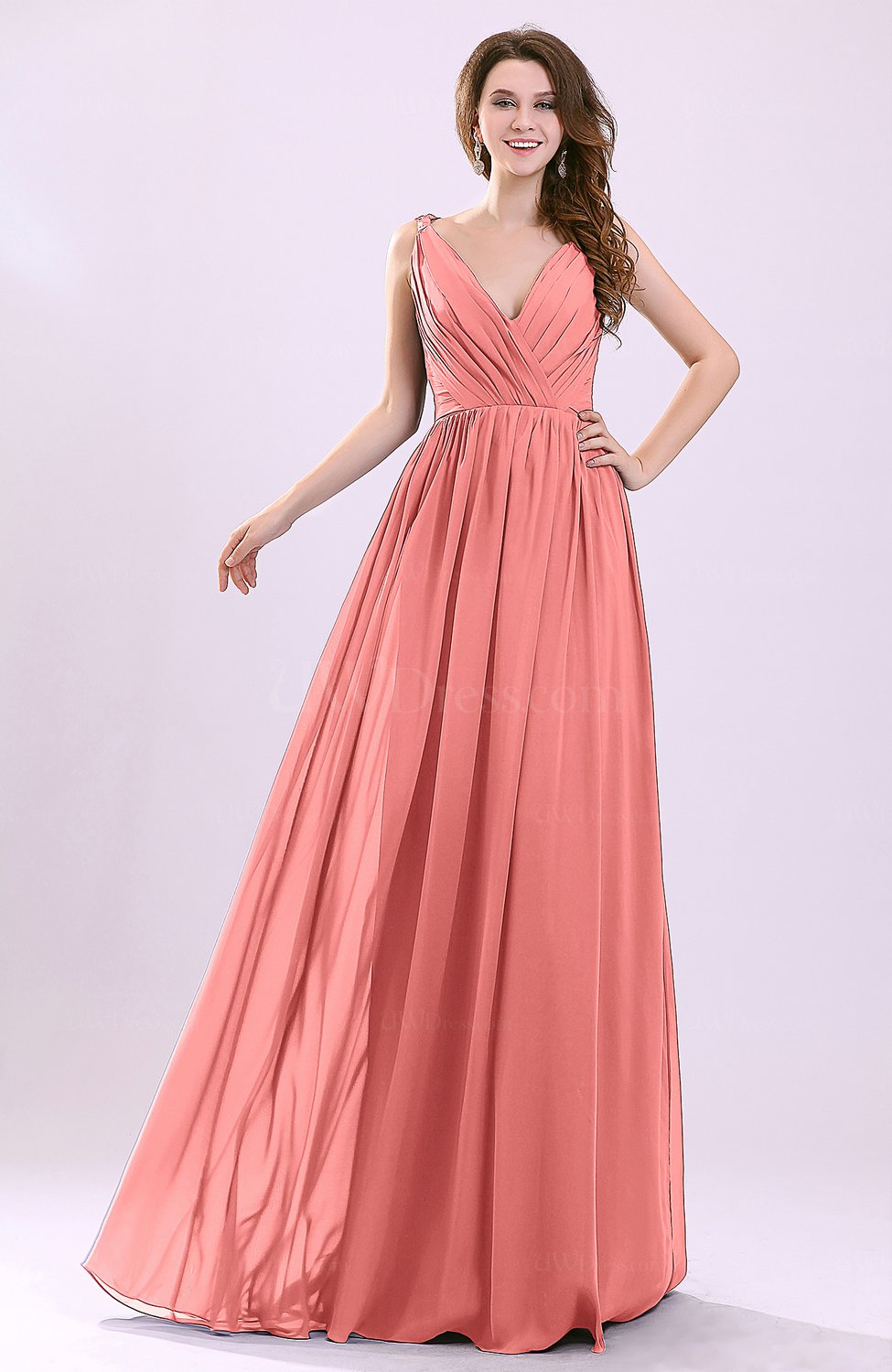 Coral Modern A line Sleeveless Zipper Chiffon Ruching Wedding Guest Dresses UWDress