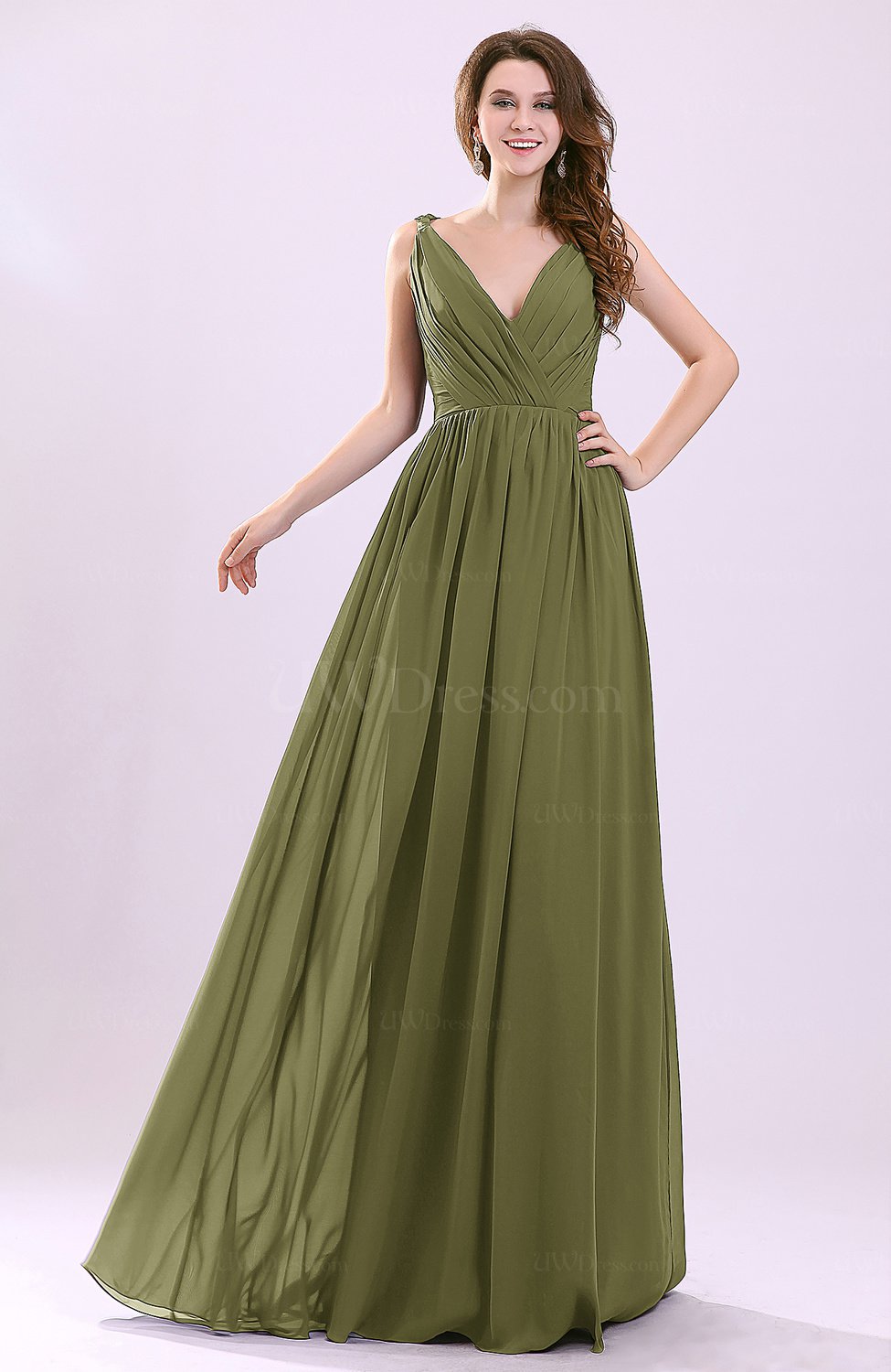 Olive Green Modern A line Sleeveless Zipper Chiffon Ruching Wedding Guest Dresses UWDress