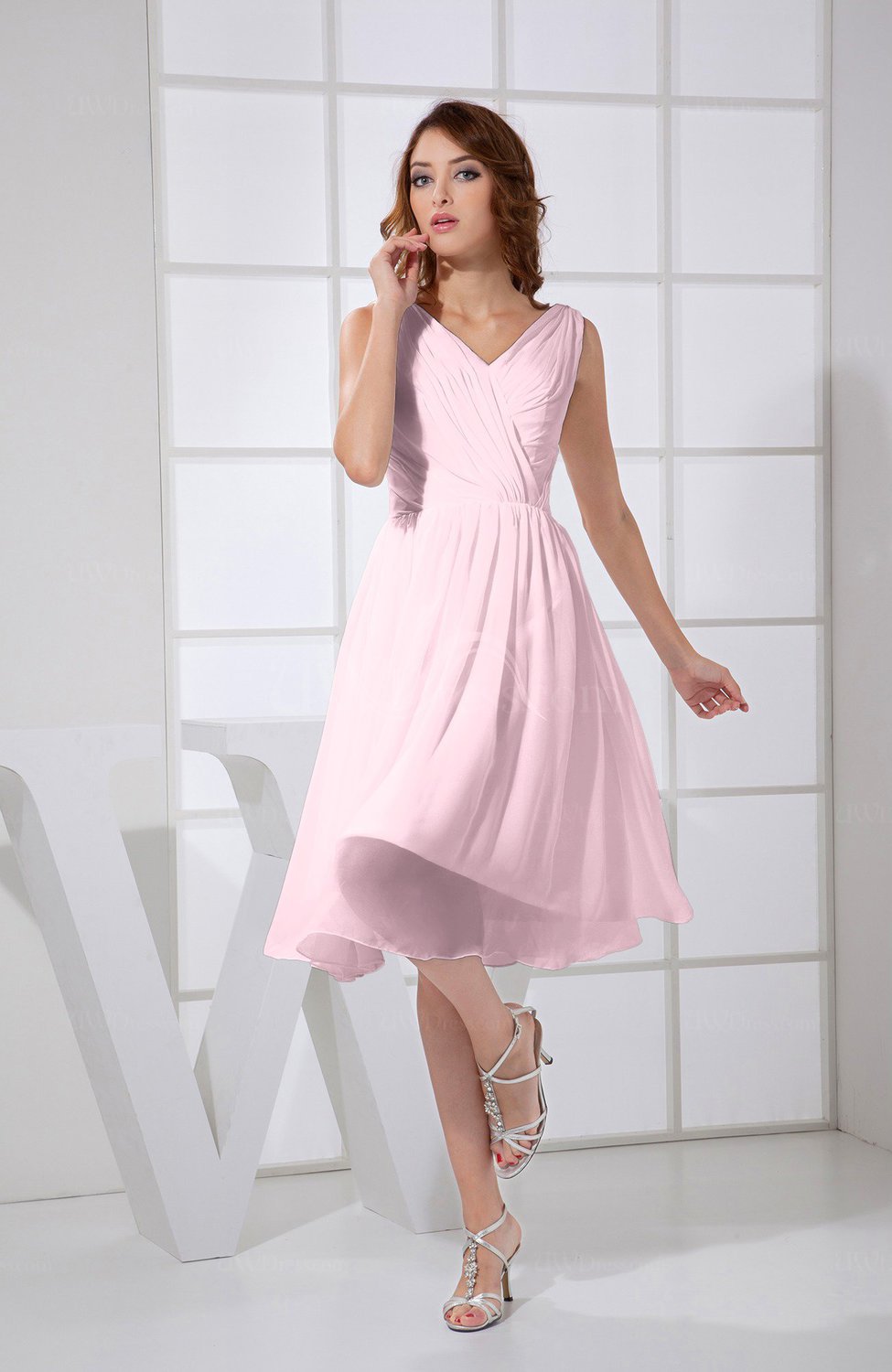 Blush Plain A-line V-neck Sleeveless Knee Length Prom Dresses - UWDress.com