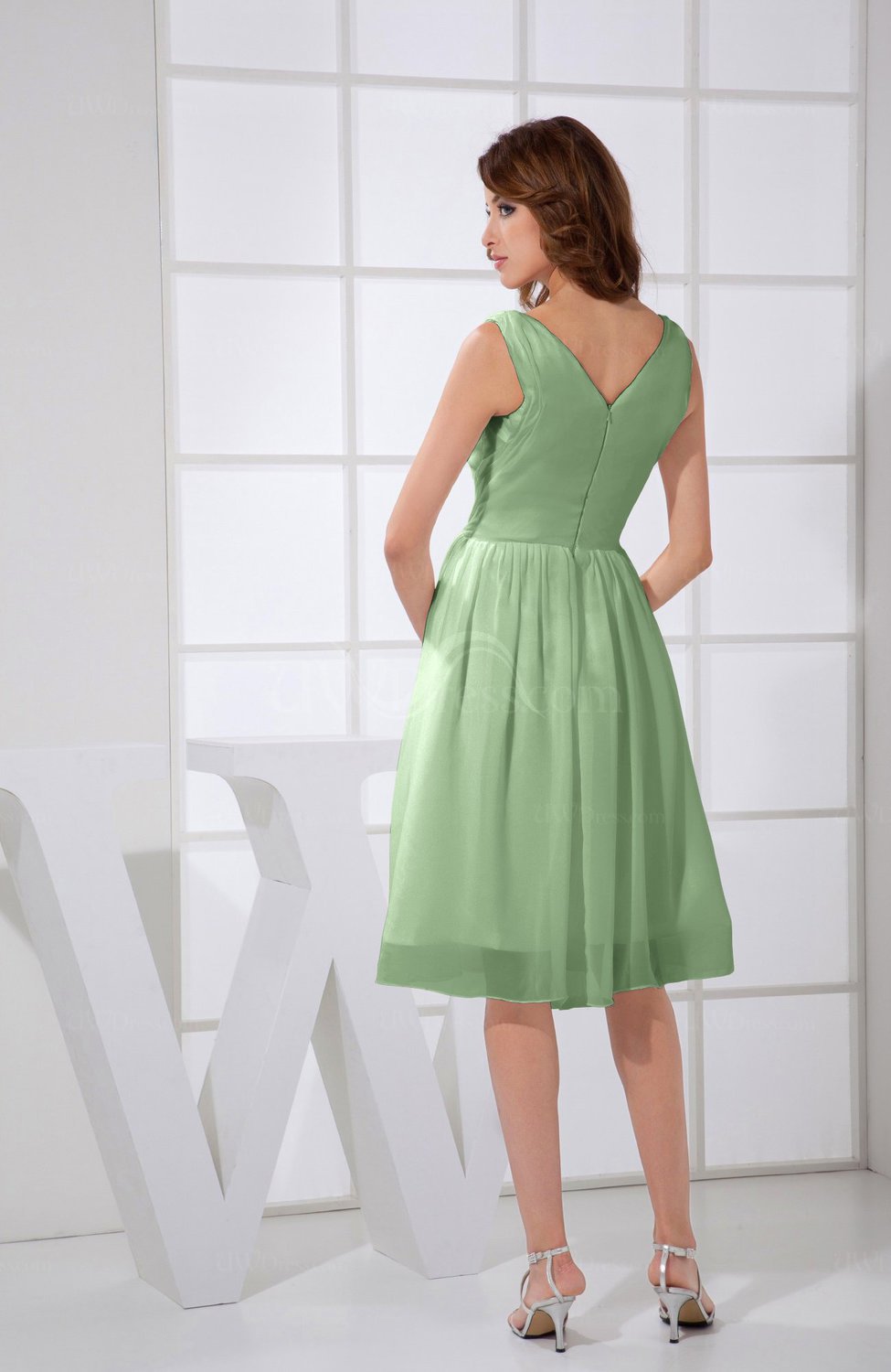 Sage Green Plain Aline Vneck Sleeveless Knee Length Prom Dresses