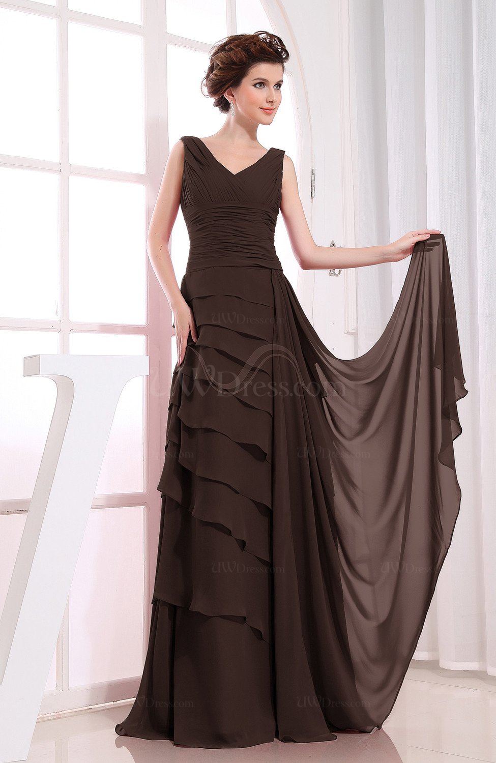 Chocolate Brown Elegant A Line Sleeveless Zip Up Chiffon Floor Length Evening Dresses 9027