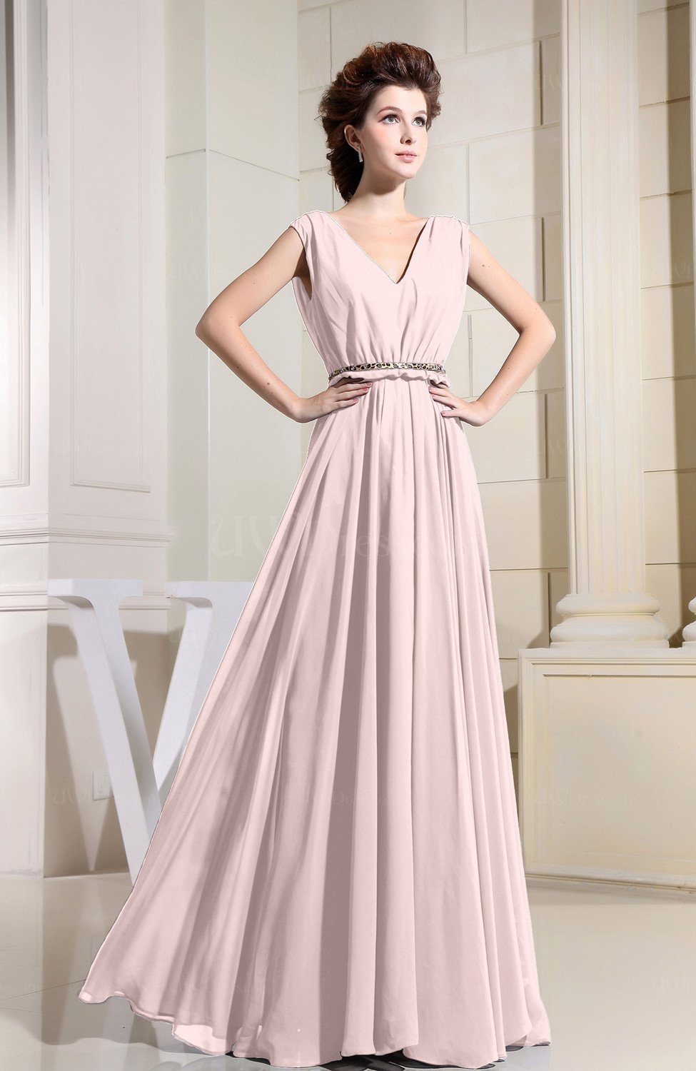 Light Pink Casual V neck Sleeveless Chiffon Pleated Bridesmaid Dresses UWDress