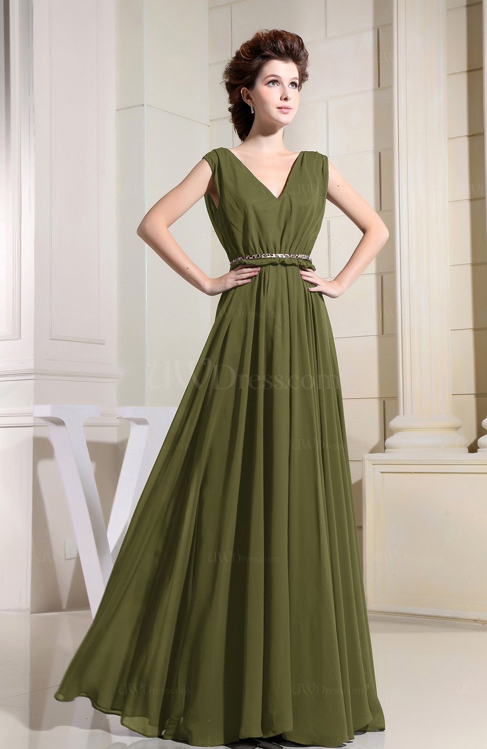 Olive Green Casual Vneck Sleeveless Chiffon Pleated Bridesmaid Dresses