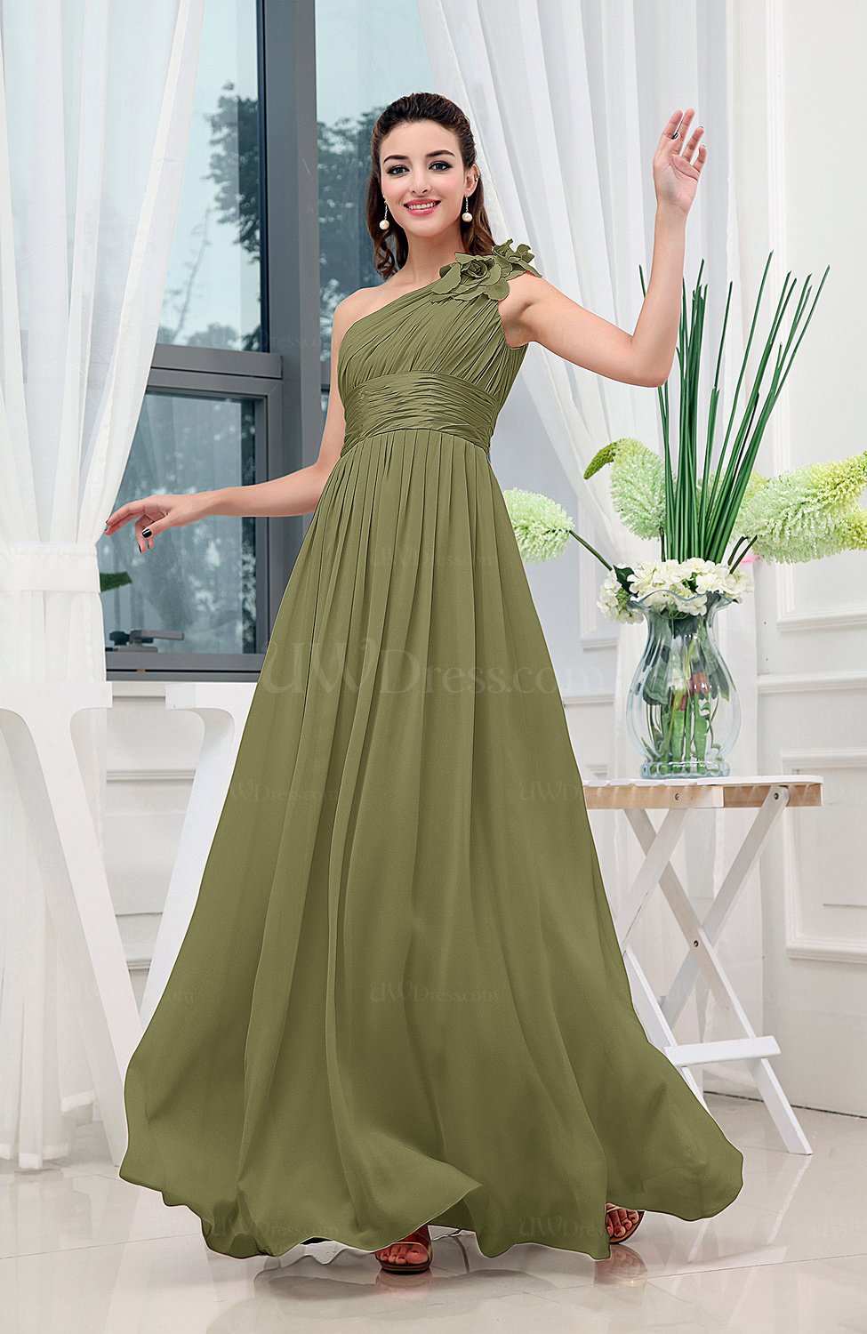 Olive Green Classic A Line One Shoulder Sleeveless Zipper Sash Cocktail Dresses 7927