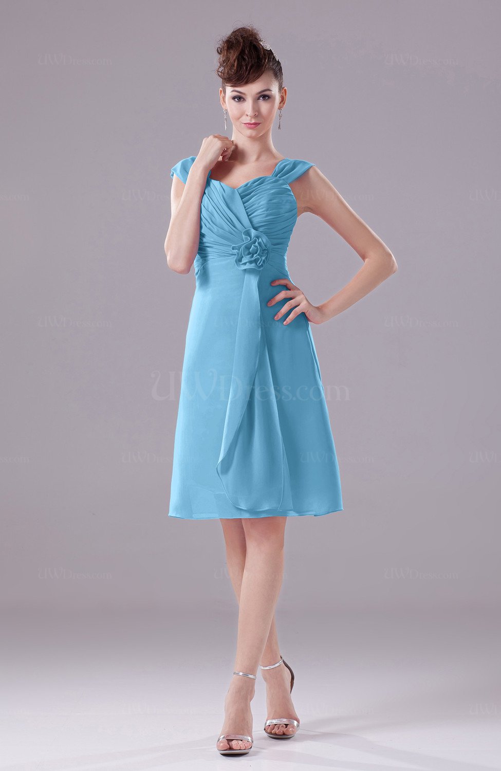 Light Blue Elegant A Line Thick Straps Chiffon Knee Length Party Dresses