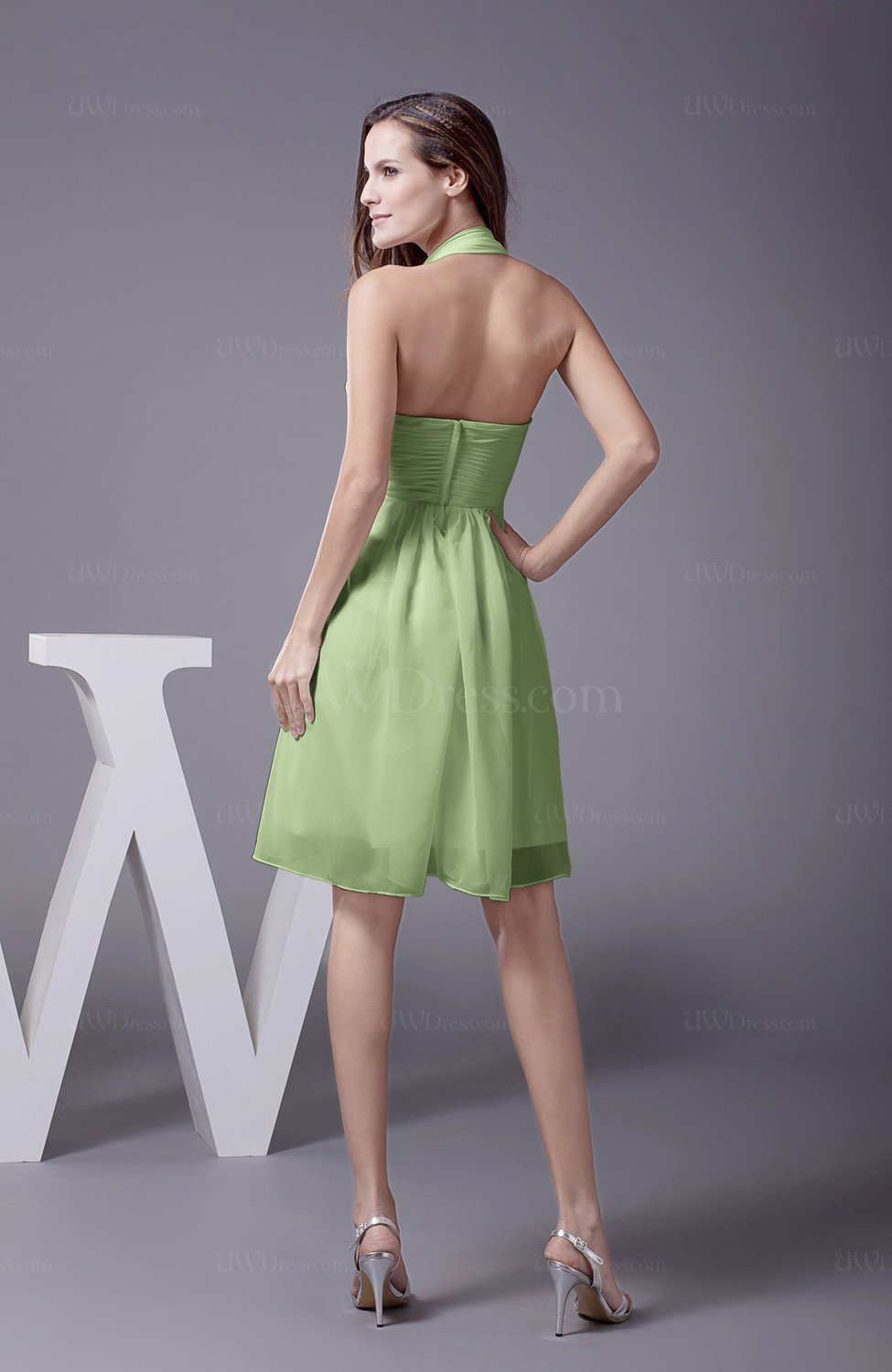 Sage Green Elegant Halter Sleeveless Zip up Knee Length Flower Prom