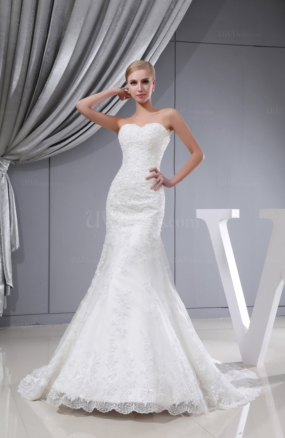 Glamorous Church Mermaid Sweetheart Cathedral Train Sequin Bridal Gowns UWDress