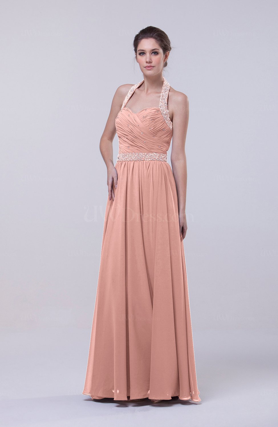 Peach Elegant Column Halter Zip up Chiffon Prom Dresses