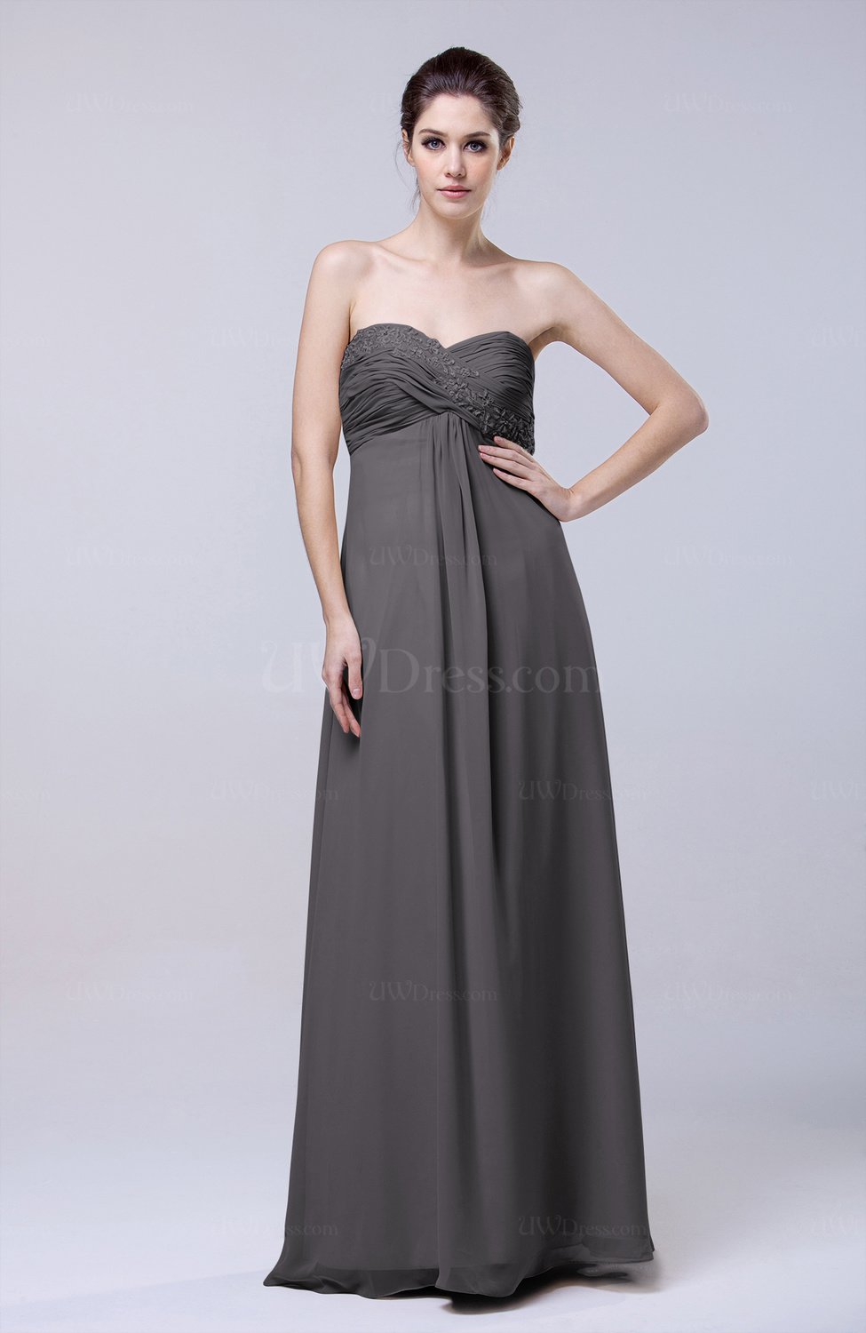 Ridge Grey Elegant Empire Chiffon Floor Length Appliques Prom Dresses
