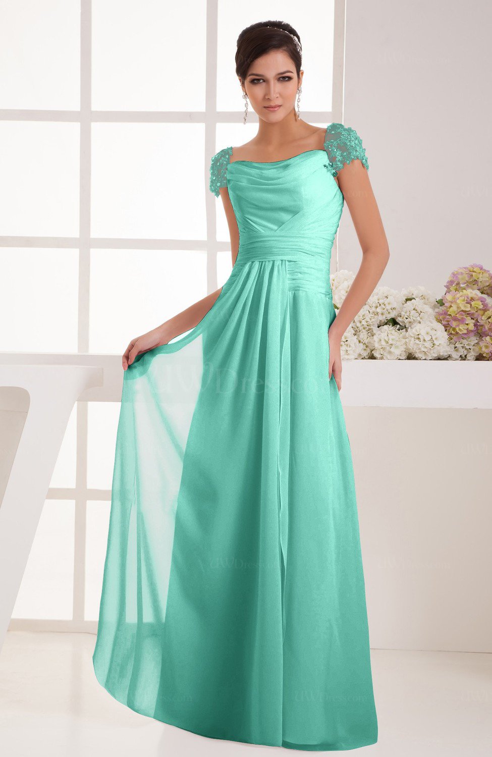 Mint Green with Sleeves Bridesmaid Dress Chiffon Trendy Floor Length