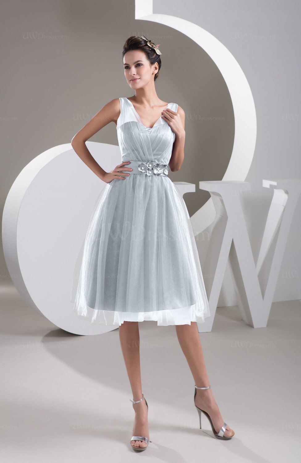 Silver Inexpensive Bridesmaid Dress Short Sheer Knee