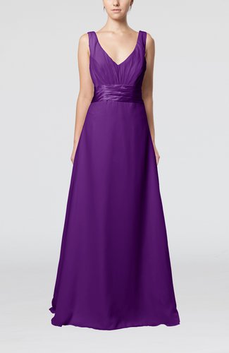 Dark Purple Plain V Neck Sleeveless Zip Up Chiffon Floor Length Wedding Guest Dresses 8827