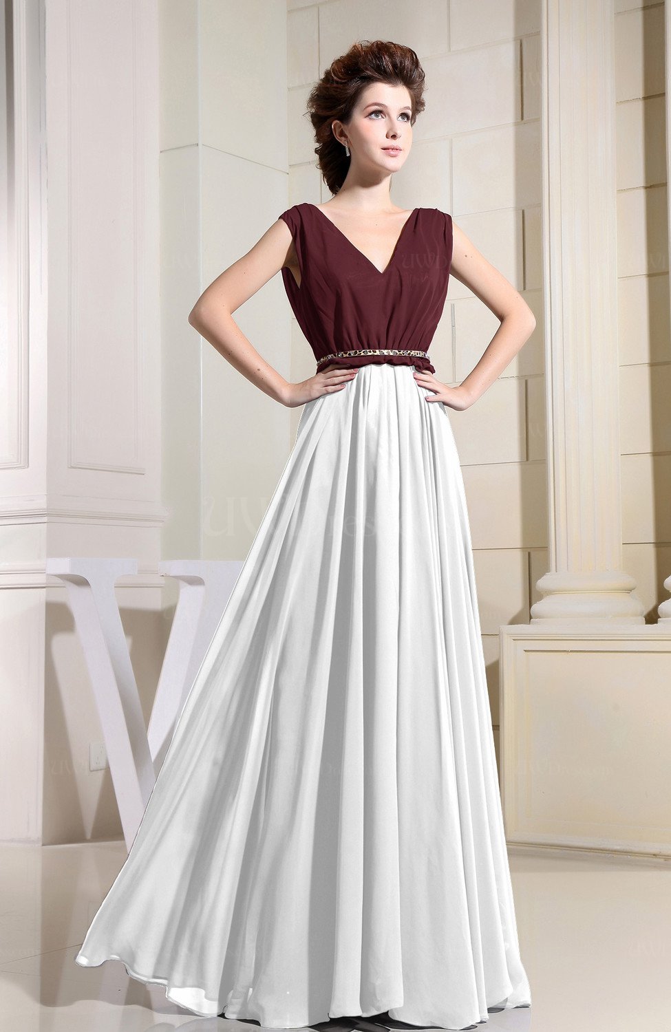 White Informal Vneck Sleeveless Zipper Chiffon Pleated Evening Dresses