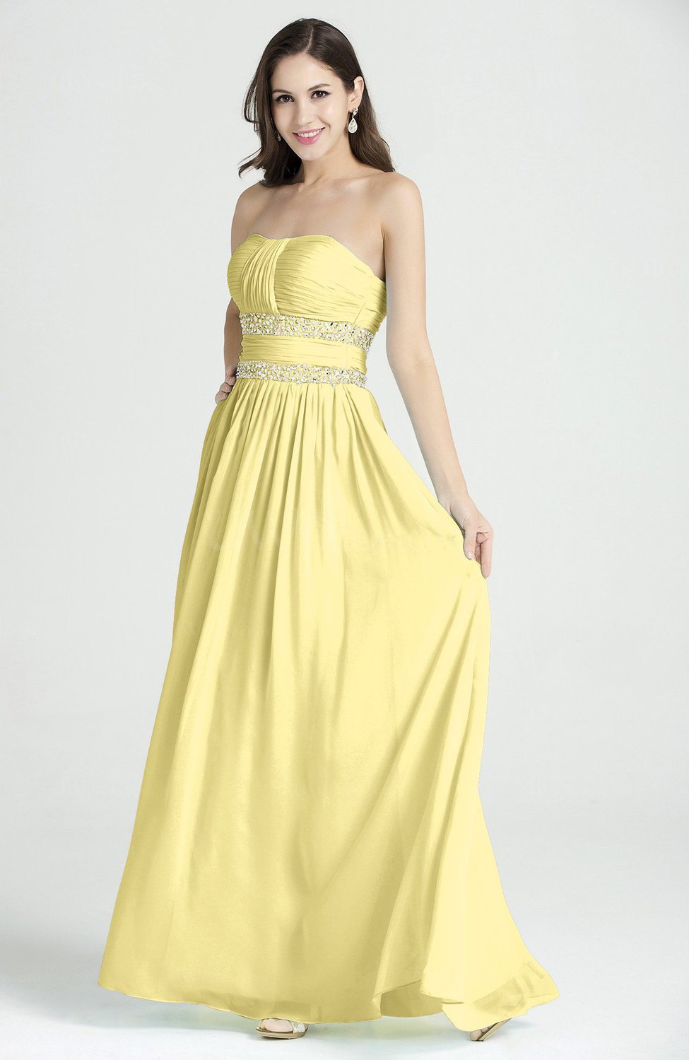 Pastel Yellow Classic A Line Strapless Sleeveless Chiffon Rhinestone Plus Size Prom Dresses