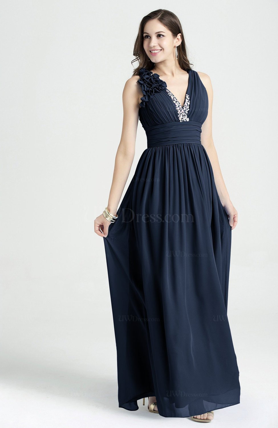 Navy Blue Glamorous V Neck Sleeveless Chiffon Sequin Plus Size Prom Dresses 5314