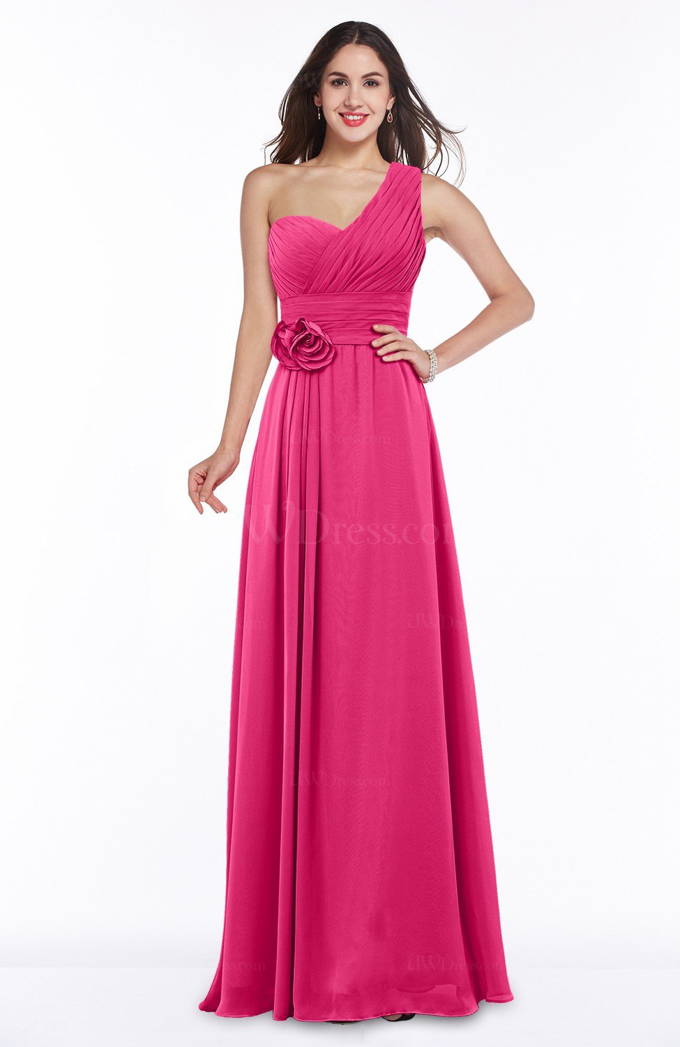 Fuschia Elegant Asymmetric Neckline Zipper Chiffon Ruching Plus Size