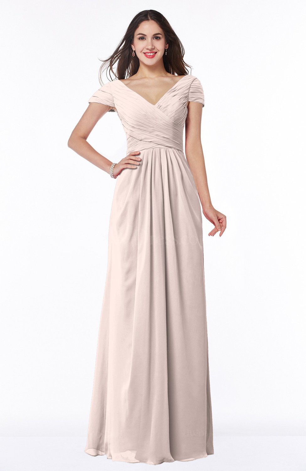 Silver Peony Modest Short Sleeve Chiffon Floor Length Ruching Plus Size Bridesmaid Dresses 