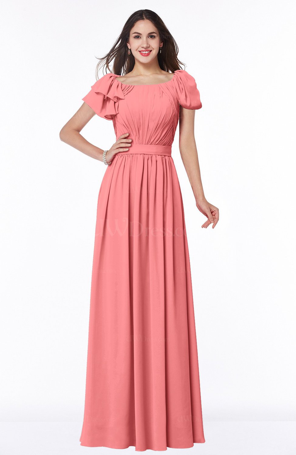 Coral Elegant Scoop Short Sleeve Zip Up Chiffon Plus Size Bridesmaid Dresses 0649