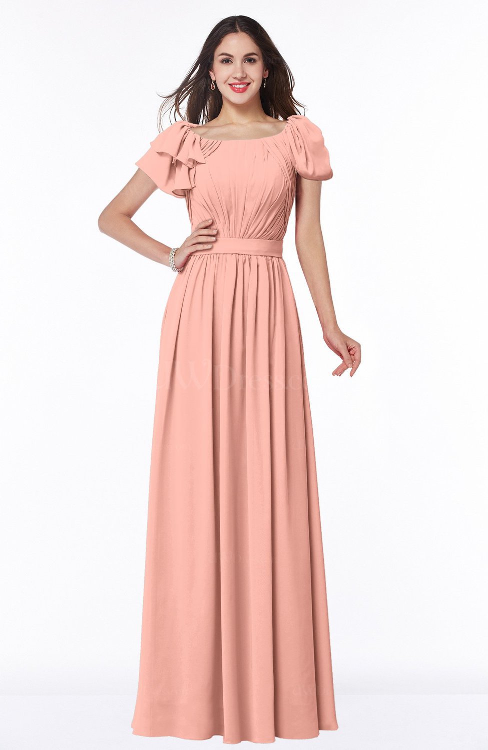 Peach Elegant Scoop Short Sleeve Zip up Chiffon Plus Size Bridesmaid