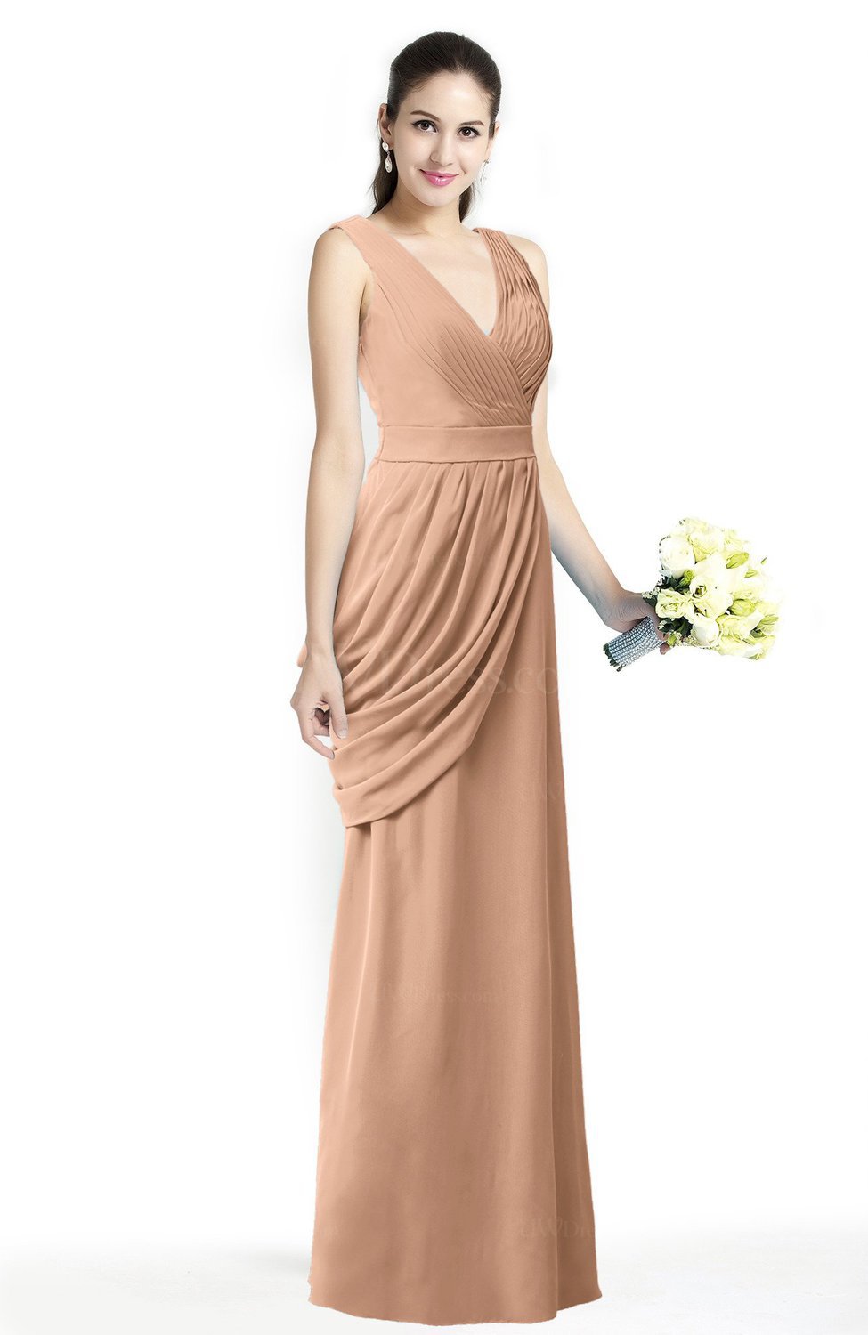 Burnt Orange Mature A Line V Neck Chiffon Pleated Plus Size Bridesmaid Dresses 8031