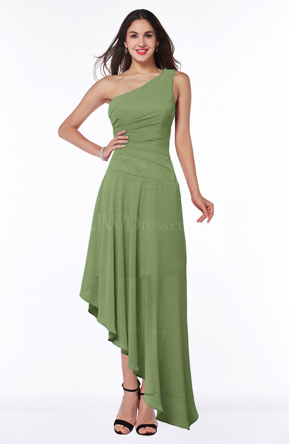 Moss Green Simple Asymmetric Neckline Sleeveless Half Backless Chiffon Asymmetric Plus Size 