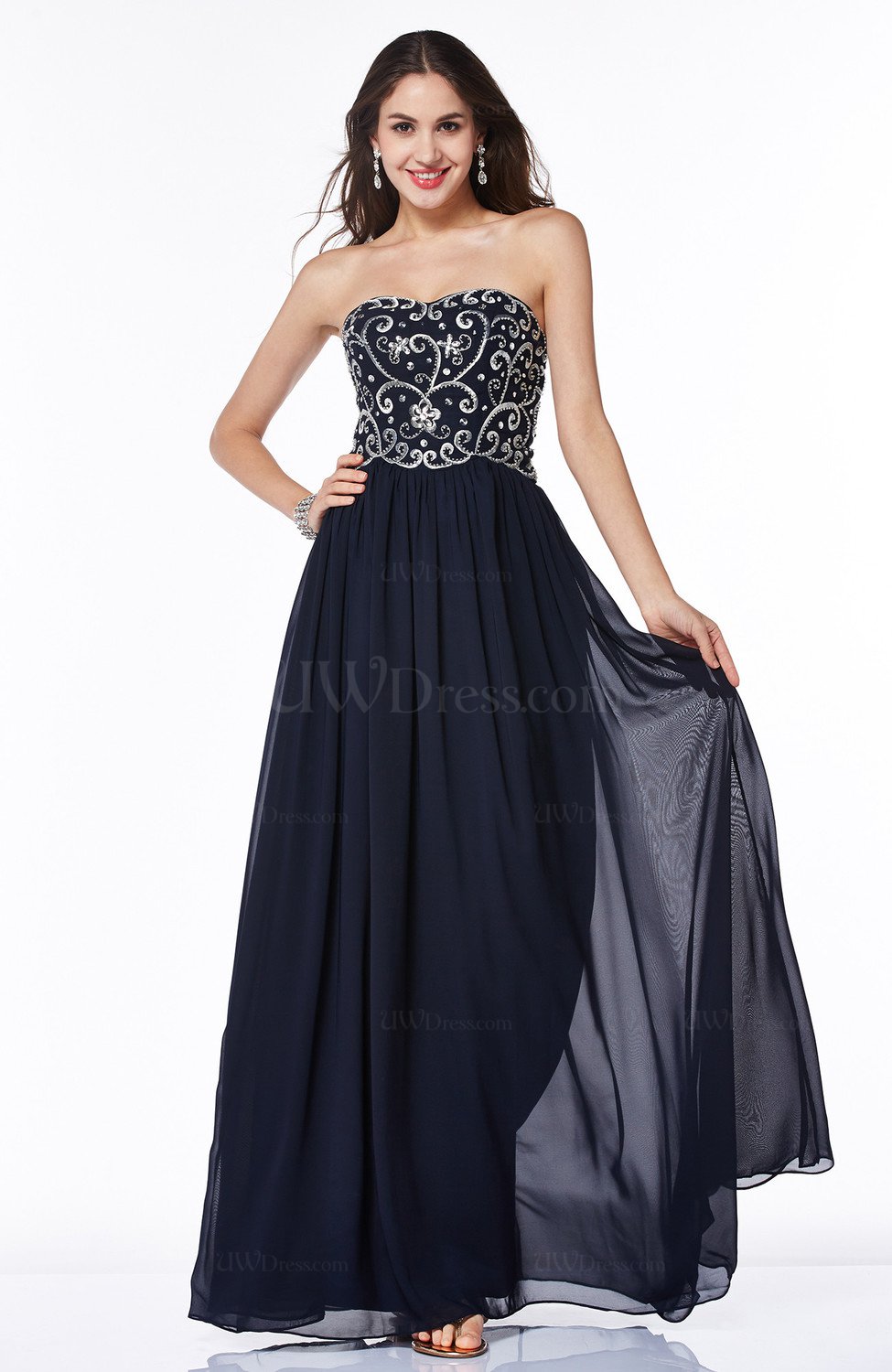 Navy Blue Sexy A Line Strapless Chiffon Rhinestone Plus Size Prom Dresses 