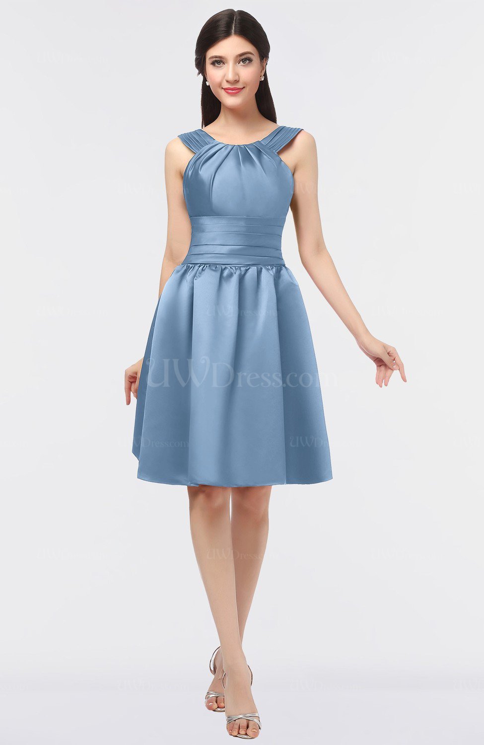 Faded Denim Mature Aline Scoop Sleeveless Ruching Bridesmaid Dresses