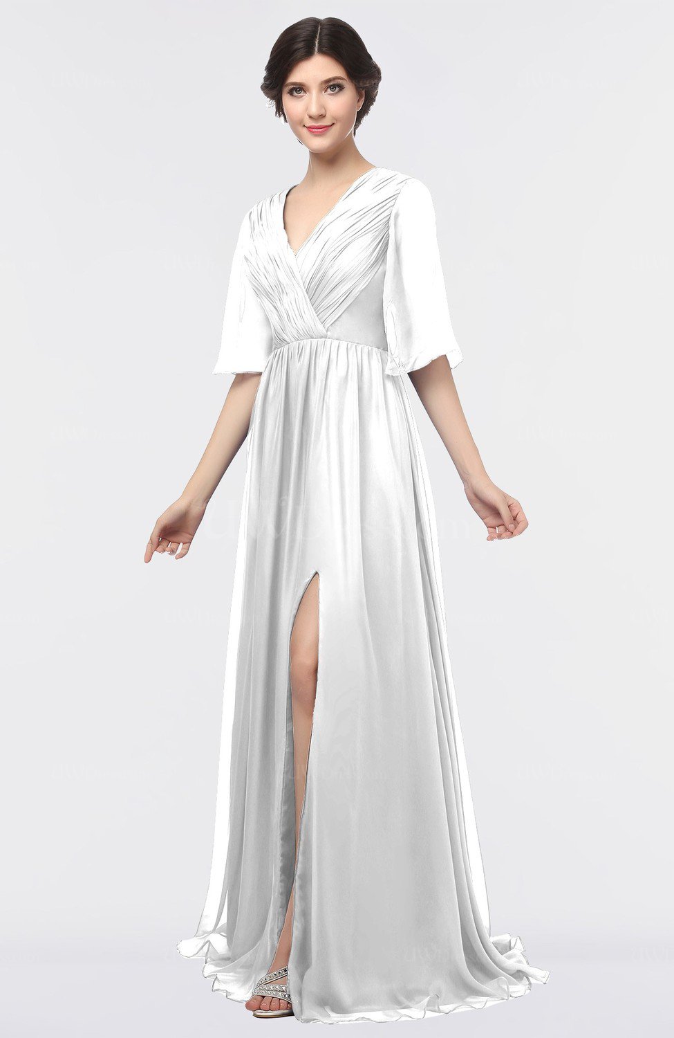 Cloud White Elegant Vneck Elbow Length Sleeve Floor Length Ruching Graduation Dresses